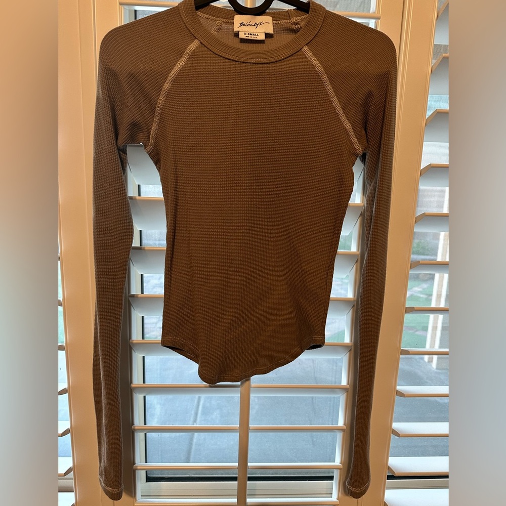 The Line by K Fitted Taupe with White Stitching Long Sleeve Tee